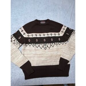 Youngbloods Vintage Mens XL Fair Isle Crewneck Sweater Brown Cream Acrylic Knit